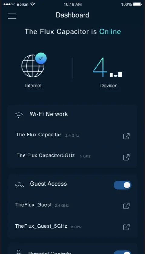 Linksys Smart Wifi app screen 1