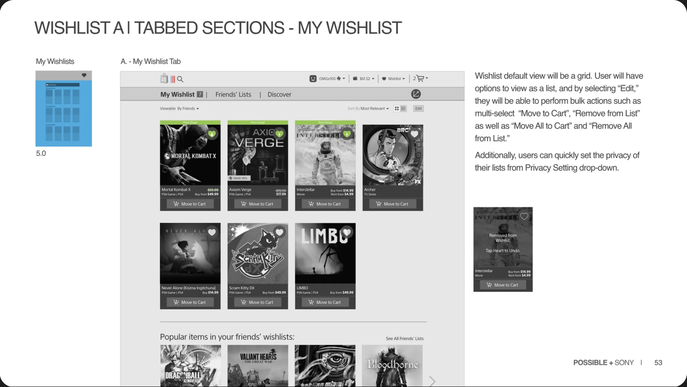 PlayStation console store, wishlist spec